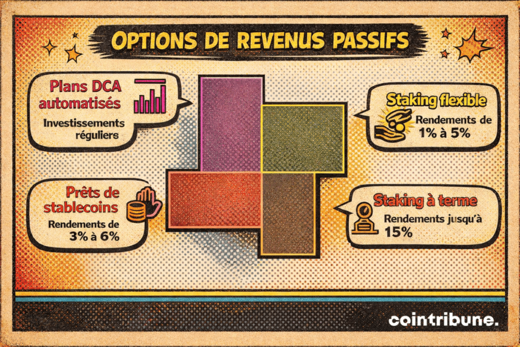 Options de revenus passifs Bybit avec DCA automatisé, staking flexible, staking à terme et prêts de stablecoins