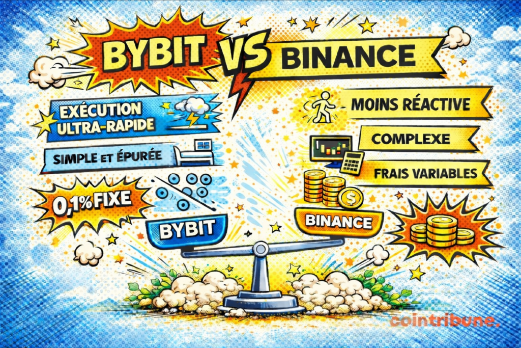 Comparaison Bybit vs Binance avec exécution ultra rapide, interface simple et frais fixes 0,1 % pour Bybit face à Binance plus complexe et frais variables