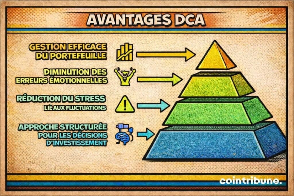 Avantages de la stratégie DCA crypto avec gestion efficace du portefeuille, réduction des erreurs émotionnelles, diminution du stress et approche structurée d’investissement