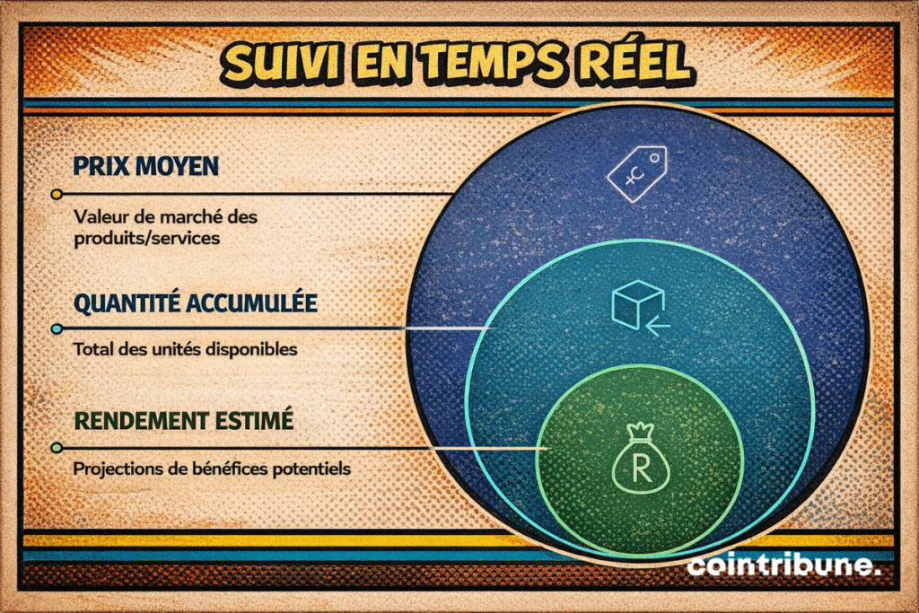 Suivi en temps réel du bot DCA Bybit affichant prix moyen d’achat, quantité accumulée et rendement estimé pour optimiser un investissement crypto