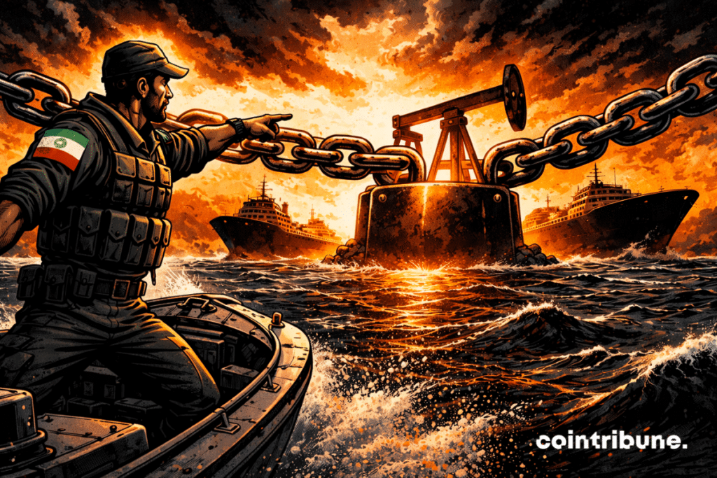 Iran: Iranian soldier blocks strait with giant chain, oil pump emerging, tankers immobilized, rough seas, dramatic geopolitical tension.