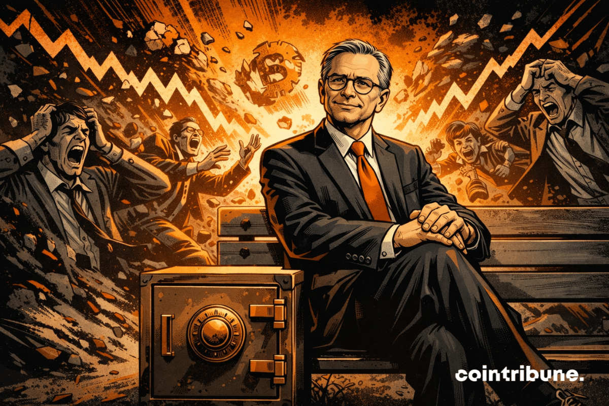 An imperturbable sage embodies the long-term vision, sitting calmly while crypto panic erupts violently around him.