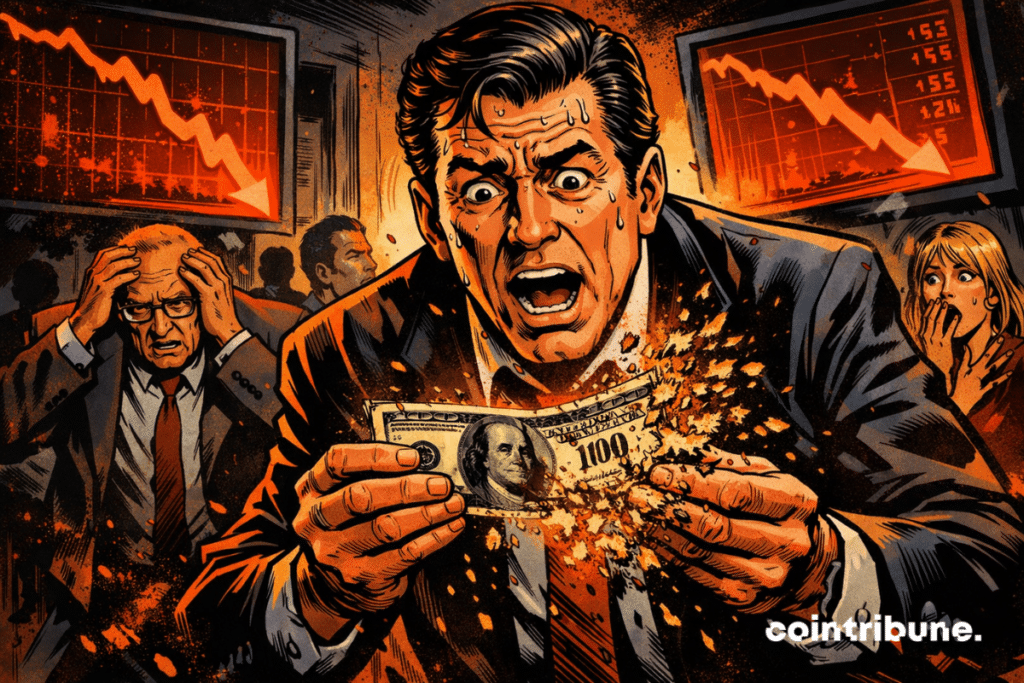 Banquero sorprendido sosteniendo un billete de 100 dólares desintegrándose, con pantallas rojas en el fondo.