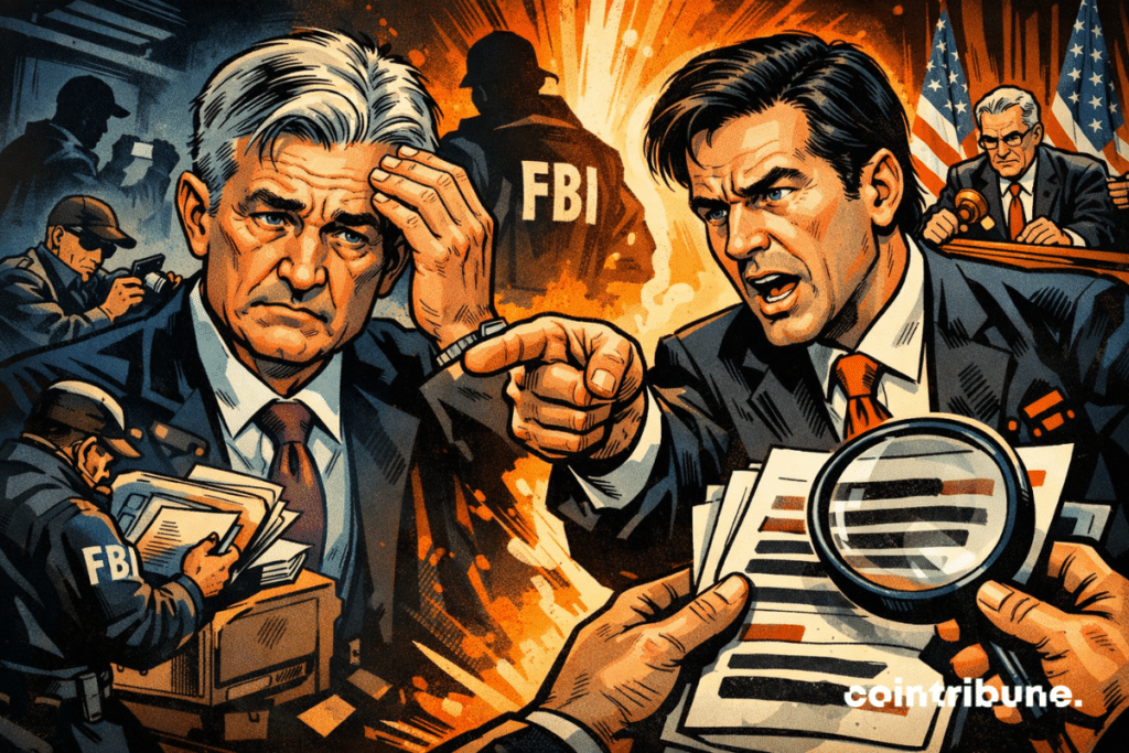 Dramatic confrontation at the Fed: Powell concerned, federal investigation in the background, Warsh accusatory, Treasury unyielding, explosive and tense political atmosphere.