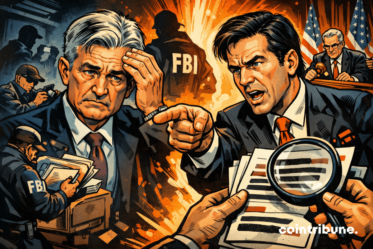 Dramatic confrontation at the Fed: Powell concerned, federal investigation in the background, Warsh accusatory, Treasury unyielding, explosive and tense political atmosphere.