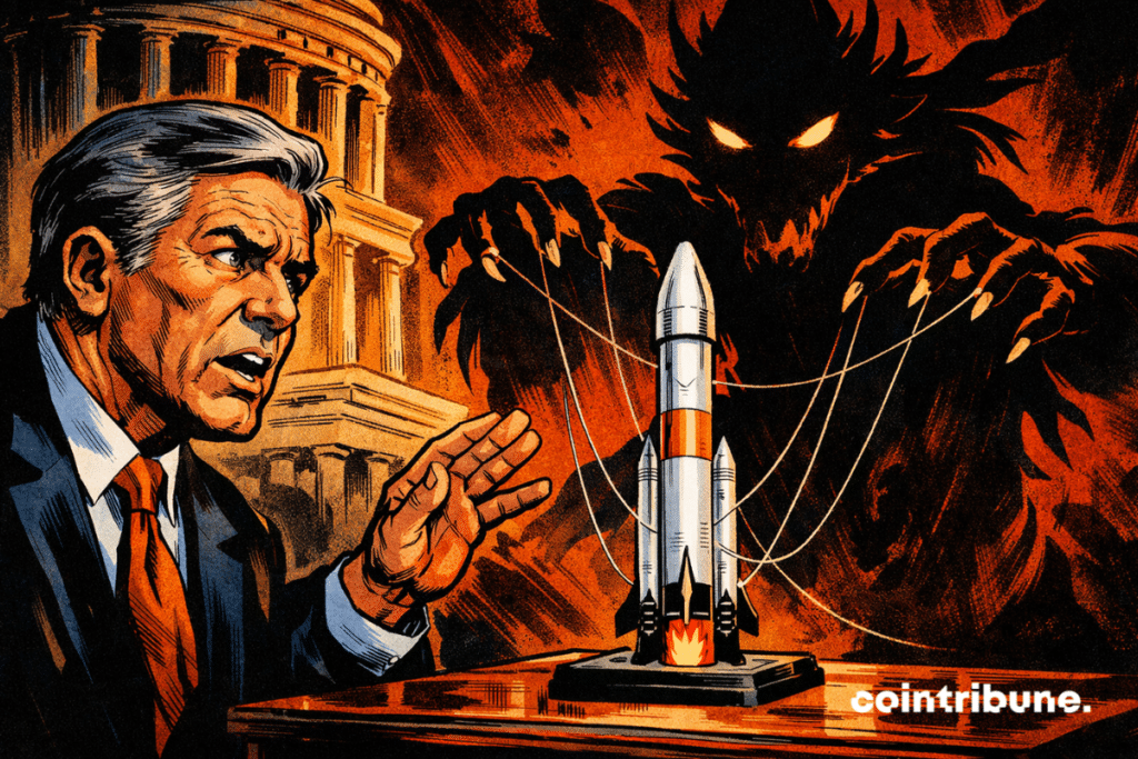 Un sénateur alarmé observe une fusée SpaceX manipulée par une ombre chinoise menaçante, symbole de soupçons d’influence étrangère à Washington.