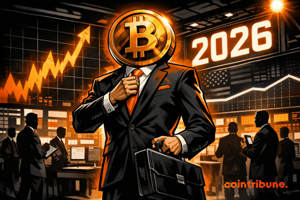Un Bitcoin en costume domine un trading crypto floor stabilisé