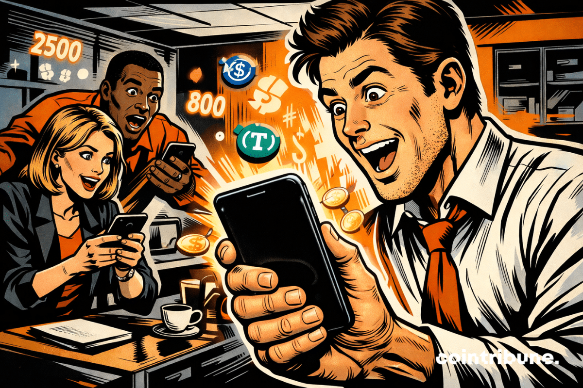 Trois employés de bureau surpris et enthousiastes découvrent leurs paiements en stablecoins sur smartphones, style comics années 70, couleurs noir, blanc, orange.