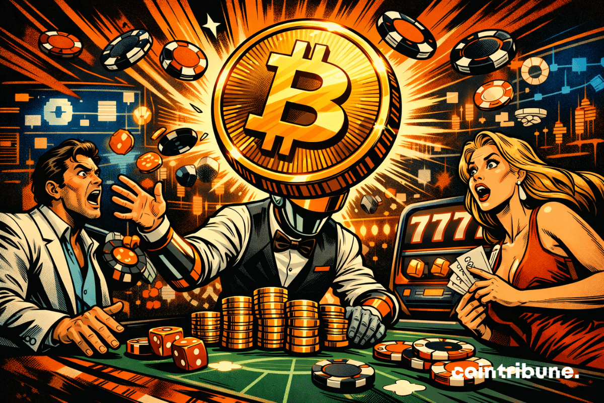 Illustration d’un croupier robot à tête de pièce Bitcoin distribuant des stablecoins, jetons et dés dans un casino, entouré de joueurs surpris et de symboles de machines à sous, symbolisant la transition vers la monnaie Web3.