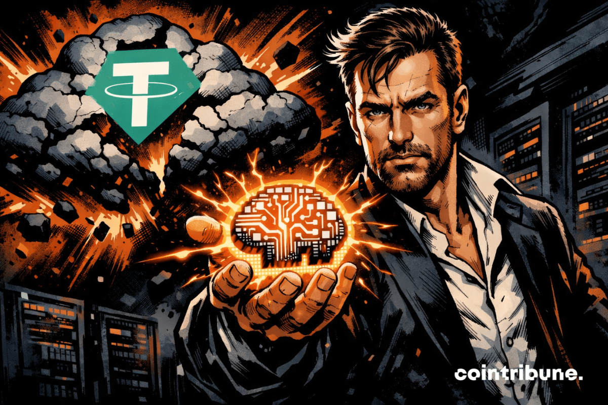 A determined visionary wields a luminous AI, while the Tether logo emerges from an explosive cloud, challenging the cloud era.