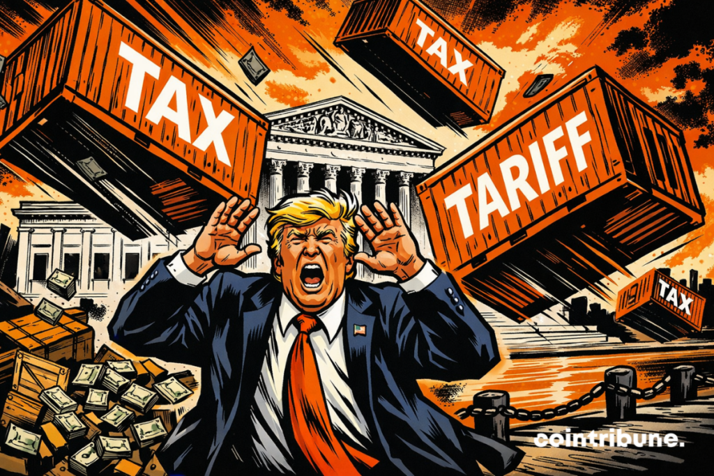 Donald Trump caricatural, paniqué, conteneurs « TAX » et « TARIFF » tombant devant la Cour suprême, chaos économique, orange vif, style bande dessinée années 70.