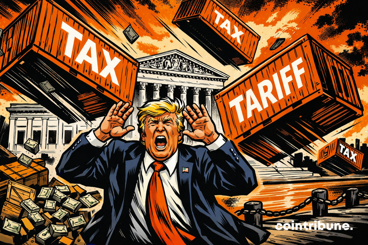 Donald Trump caricatural, paniqué, conteneurs « TAX » et « TARIFF » tombant devant la Cour suprême, chaos économique, orange vif, style bande dessinée années 70.