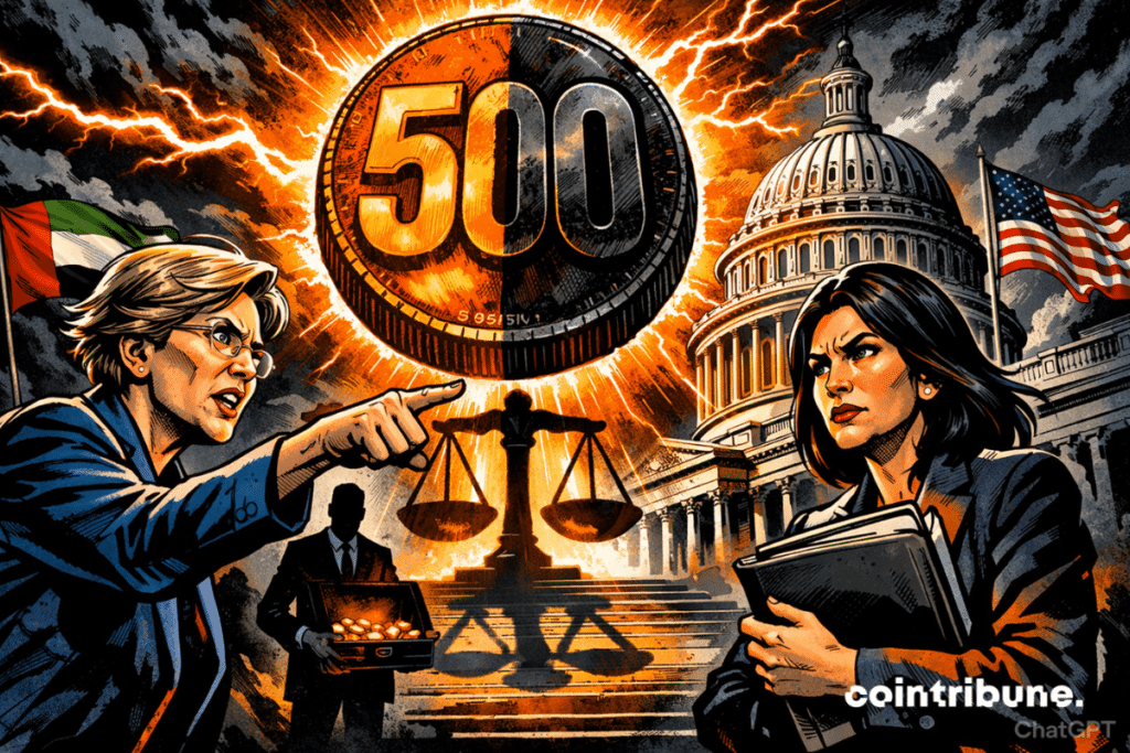 Deux sénatrices déterminées confrontent une pièce crypto géante “500” devant le Capitole, sous tension géopolitique et éclairs orange dramatiques.