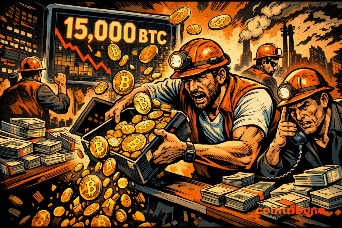 Bitcoin miners liquidating thousands of BTC amid a market downturn, illustrating the financial pressure pushing miners to sell their reserves to maintain their operations.