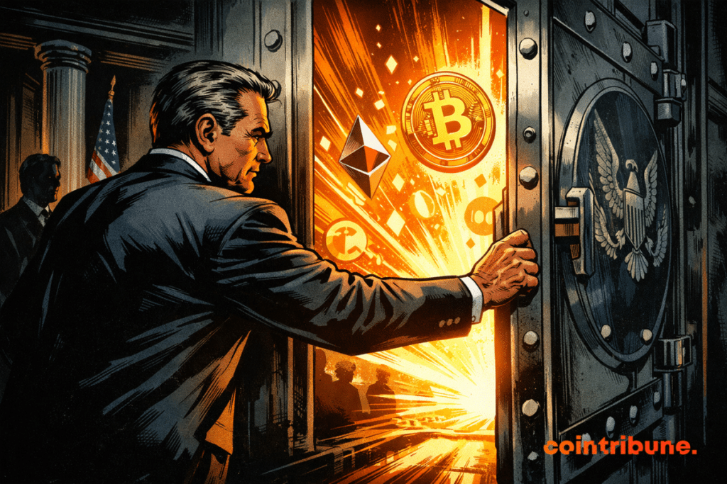 Un homme en costume ouvre une porte massive, révélant un monde lumineux rempli de symboles crypto et d’espoir naissant puissant