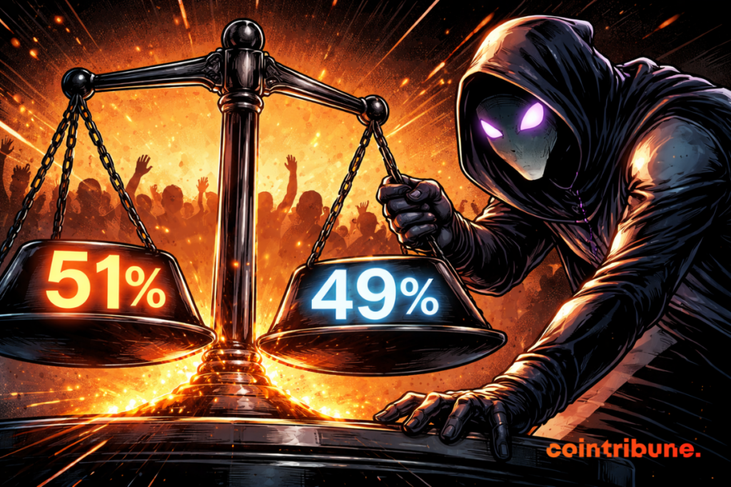 Governance vote on Aave illustrated by a balance showing 51% to 49%, symbolizing a close vote and community tensions.