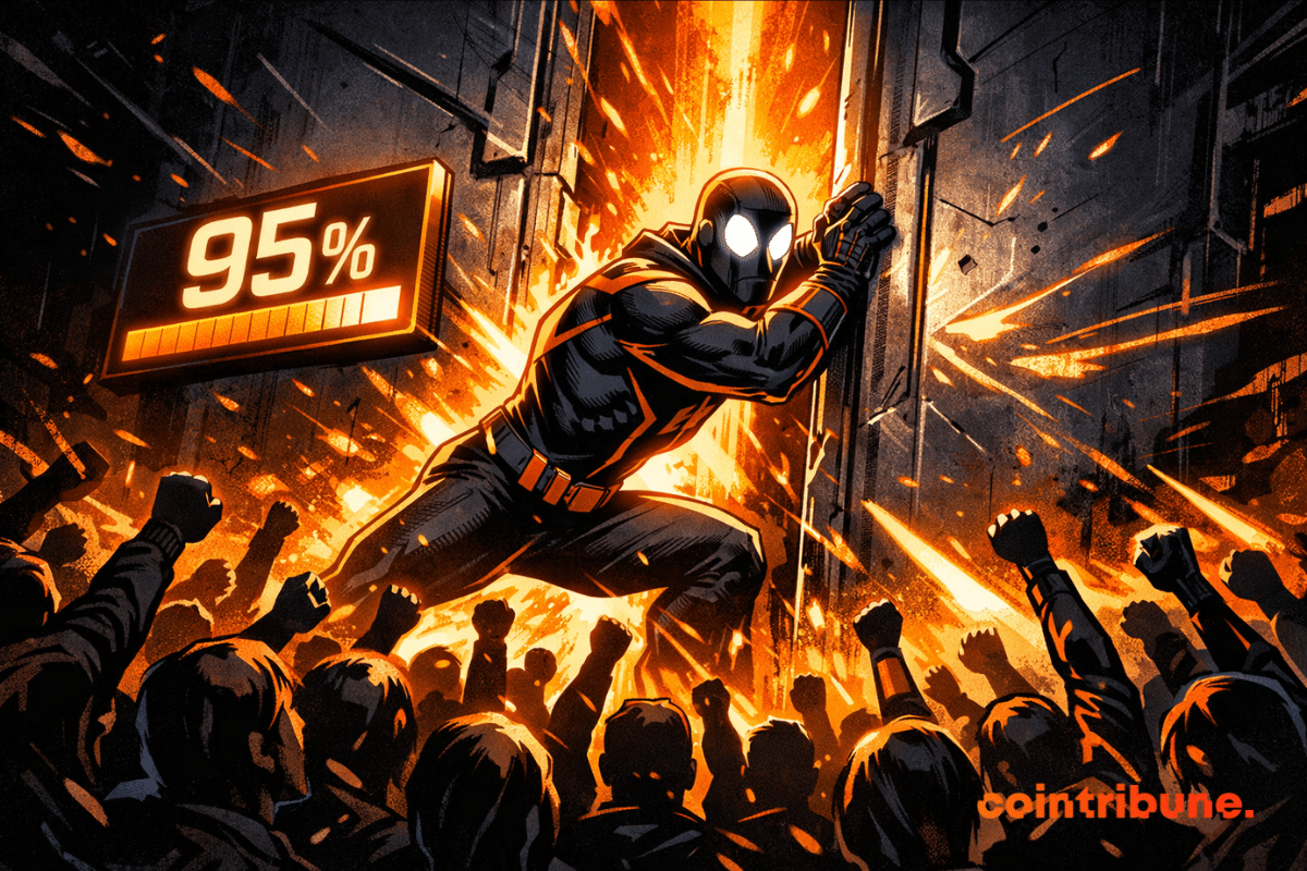 Illustration of a symbolic character breaking through a wall with a 95% indicator, representing the DAO’s overwhelming vote in favor of Aave V4.