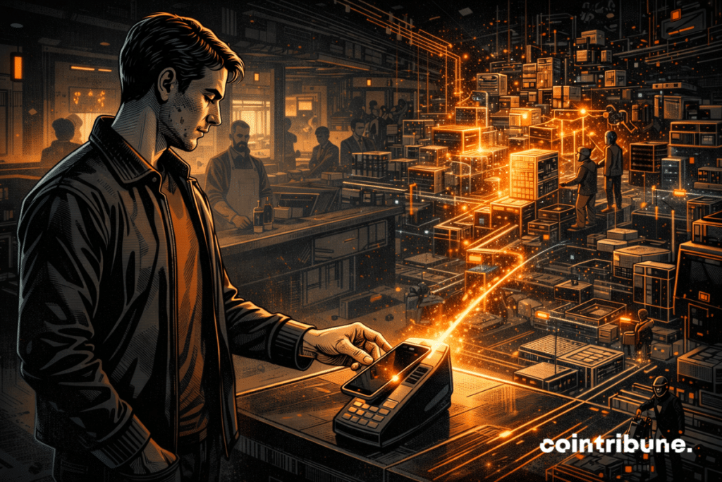 Dans un café ou un petit commerce contemporain, un client effectue un paiement automatisé par IA avec un smartphone ou un appareil intelligent. Le geste reste discret, quotidien, presque banal. Entre l’appareil du client et le terminal du commerçant, un petit flux lumineux orange indique la transaction. Ce flux doit rester modeste, pas spectaculaire. Derrière cette scène simple, des structures abstraites de réseau apparaissent progressivement dans le décor : modules géométriques, connexions, rails numériques, nœuds lumineux, éléments encore incomplets.