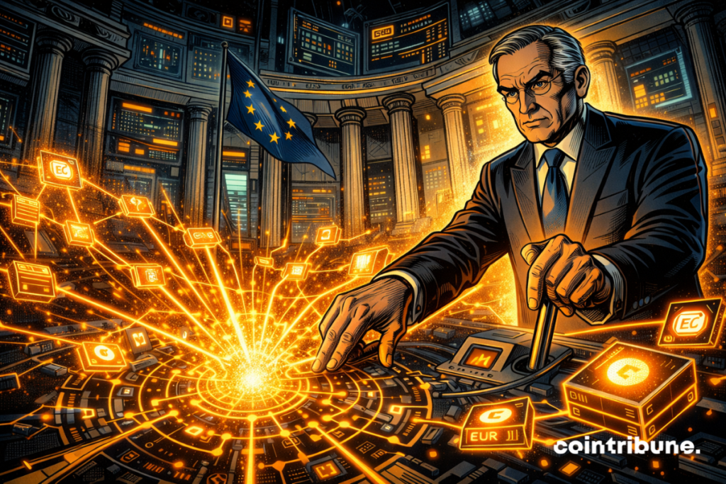 Un dirigeant active un système central lumineux, déclenchant un réseau numérique en expansion, sous surveillance dans une salle institutionnelle imposante européenne