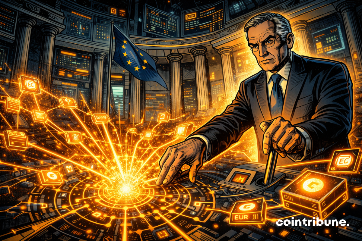 Un dirigeant active un système central lumineux, déclenchant un réseau numérique en expansion, sous surveillance dans une salle institutionnelle imposante européenne