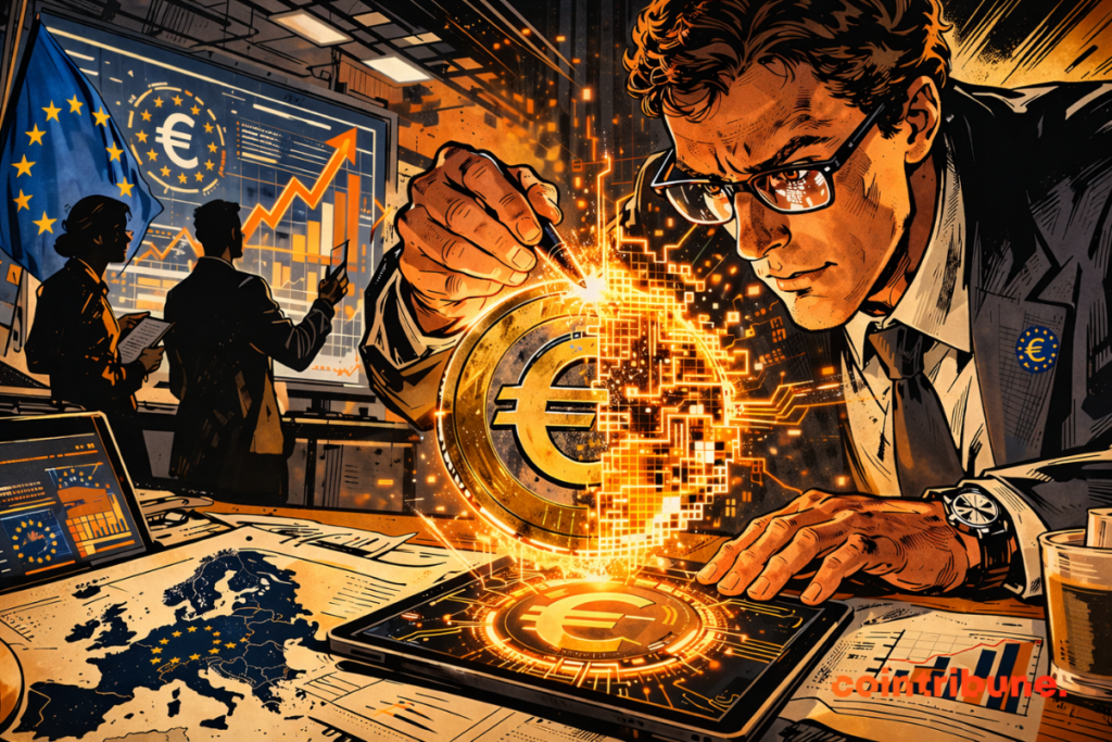 Illustration of the ECB developing the digital euro, with an expert handling a digital euro symbol surrounded by data and financial charts.