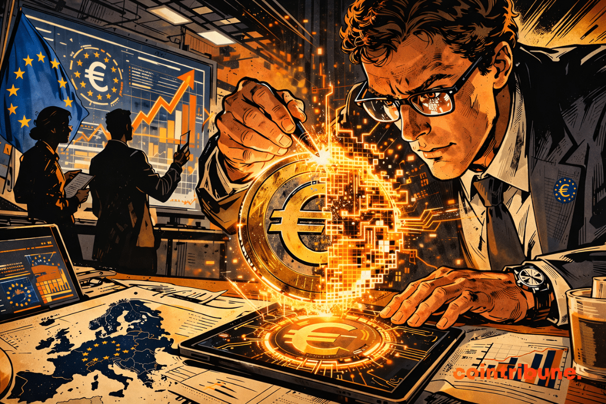 Illustration de la BCE développant l’euro numérique, avec un expert manipulant un symbole euro digital entouré de données et graphiques financiers.