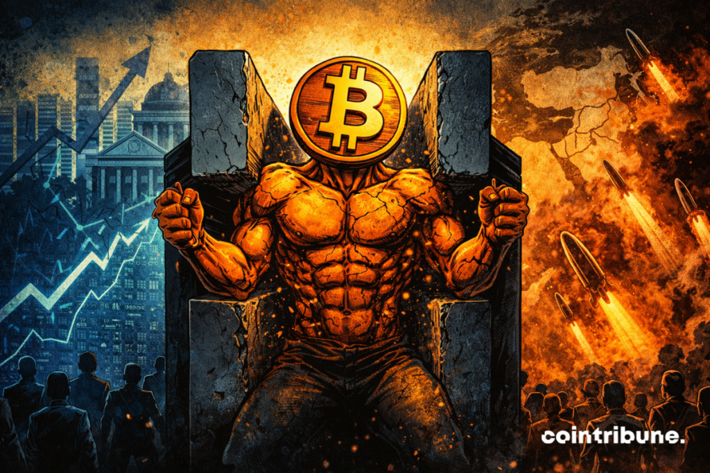 A battered Bitcoin is caught between two opposing forces, weighed down by economic and military tensions, while the world looks on with concern