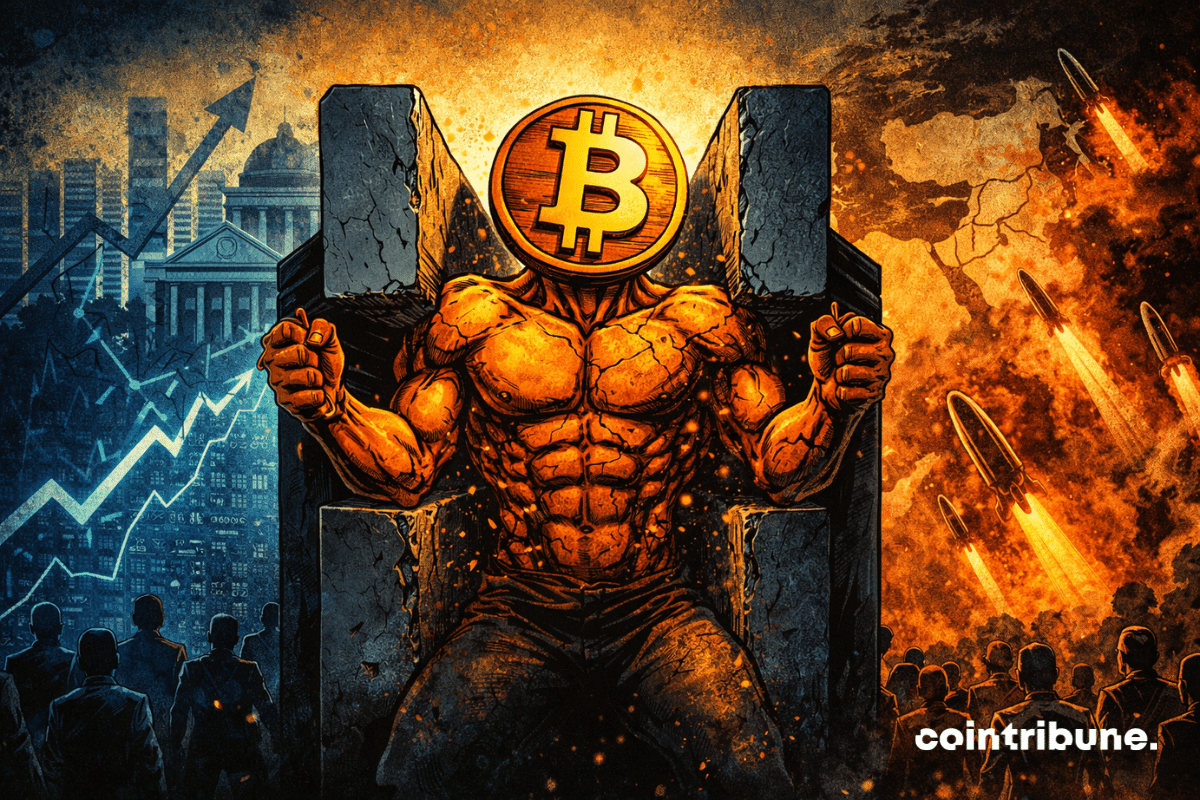 A battered Bitcoin is caught between two opposing forces, weighed down by economic and military tensions, while the world looks on with concern