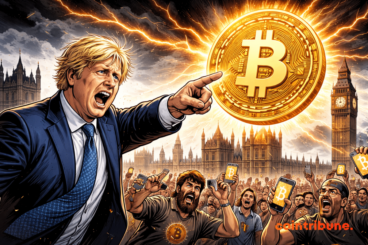 Boris Johnson crie en pointant un Bitcoin géant, foule de Bitcoiners proteste devant le Parlement britannique et Big Ben.