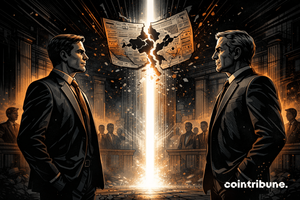 In a dark, monumental courtroom, two opposing forces stand in tension. On one side, a modern institutional figure representing the crypto universe (Binance), composed, determined, grounded. On the other, a more traditional figure linked to the world of the press (Wall Street Journal), equally calm and solid. Above or between them floats a fractured abstract shape evoking disputed information, a challenged reputation, or a contested version of events.