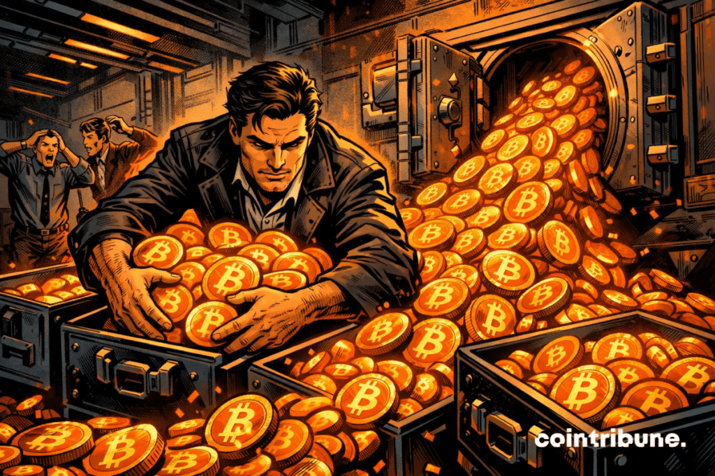 Pièces bitcoin quittant un coffre vers des caisses.