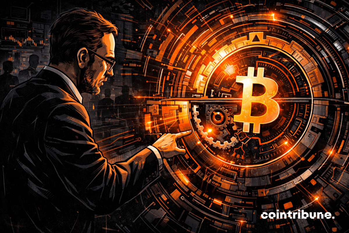 Dans un centre d’analyse technique Bitcoin sombre et sophistiqué, un expert (Adam Back) inspiré d’un architecte du protocole se tient devant une grande structure circulaire ou un schéma abstrait de protocole. L’ensemble semble avancer normalement, mais une zone discrète révèle une anomalie : un engrenage, un segment ou une couche tourne en sens inverse, comme une régression cachée au cœur d’un système censé progresser.