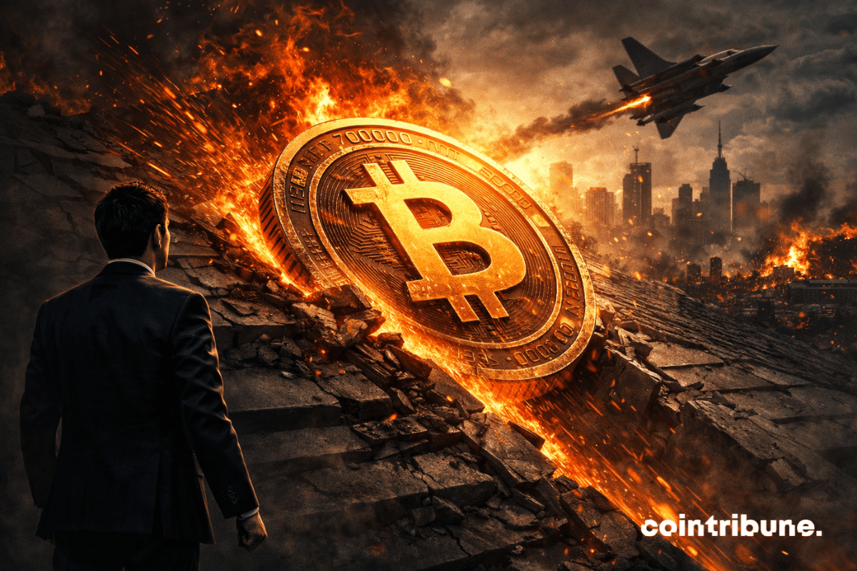 Une pièce de Bitcoin en feu glisse sur le sol sous le regard d'un trader.