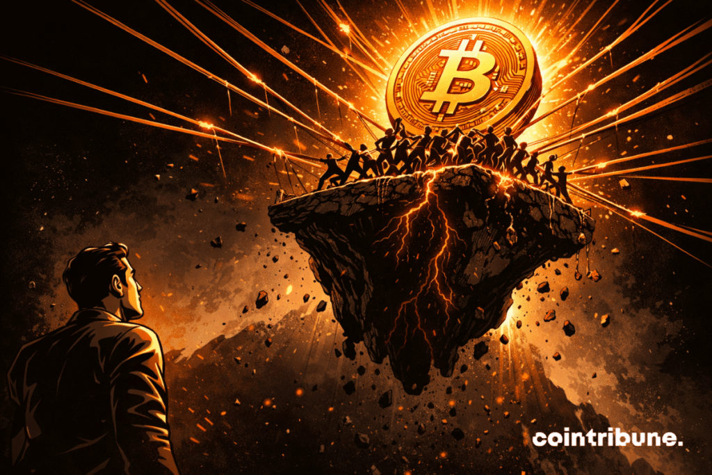 A giant Bitcoin is being pulled upward by too many taut cables, ready to snap.