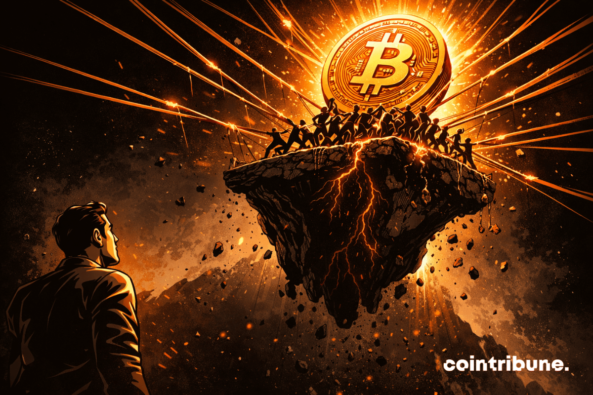 A giant Bitcoin is being pulled upward by too many taut cables, ready to snap.