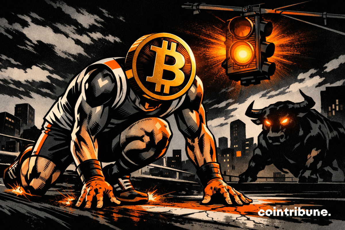 Bitcoin personified, ready to sprint under an orange light