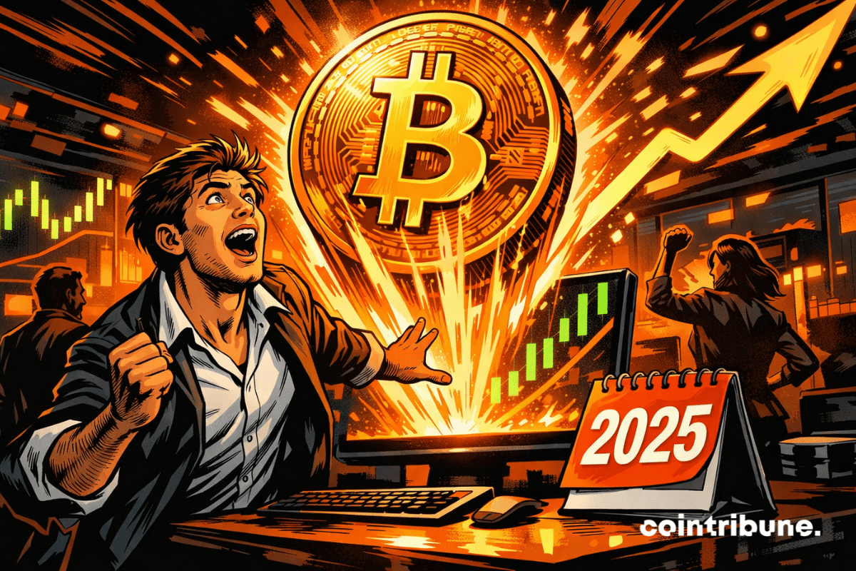 Astonished trader facing a giant Bitcoin soaring upward.