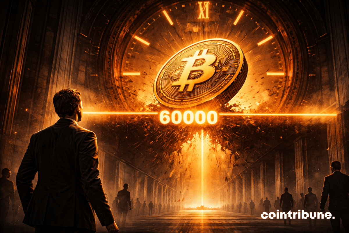 Un Bitcoin vient de passer sous une arche lumineuse qui affiche le chiffre 60000 et s’éloigne dans un long tunnel, tandis qu’au fond une petite sortie lumineuse suggère 2027.