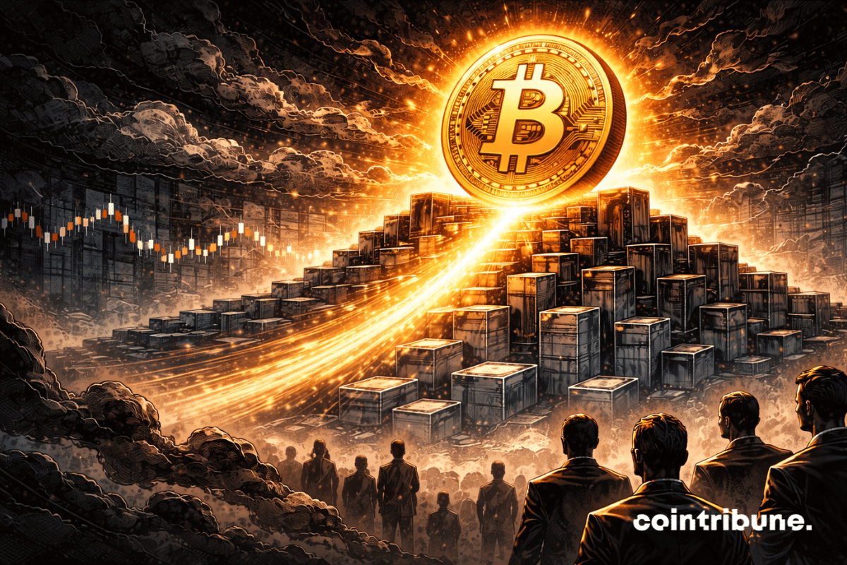 Dans un décor de marché, une grande pièce Bitcoin avance ou s’élève au-dessus d’une série de blocs boursiers représentant les actions américaines. Le Bitcoin apparaît plus haut, plus lumineux, plus solide, alors que les actions restent plus basses, plus ternes, plus comprimées. Au-dessus, un grand nuage sombre ou une onde psychologique lourde symbolise le pic de pessimisme.