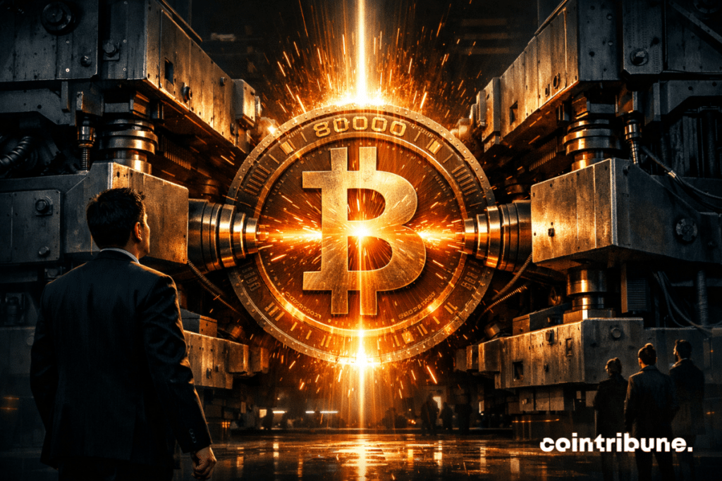 Un énorme Bitcoin fait l’objet d’une compression entre deux parois mécaniques massives qui se rapprochent, avec un halo orange intense et le chiffre 80000 discrètement gravé dans un anneau lumineux.