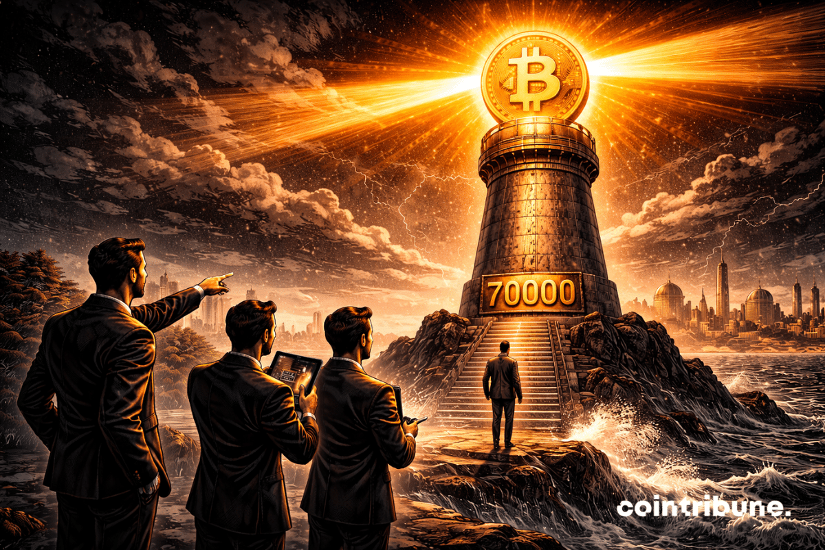 At the top of a massive industrial lighthouse, a monumental Bitcoin symbol serves as the main light source. It emits an intense orange beam that cuts diagonally across the scene, piercing a dark and cloudy sky. At the base of the lighthouse, integrated into a metal plaque embedded in the structure, the number 70000 is deeply engraved.