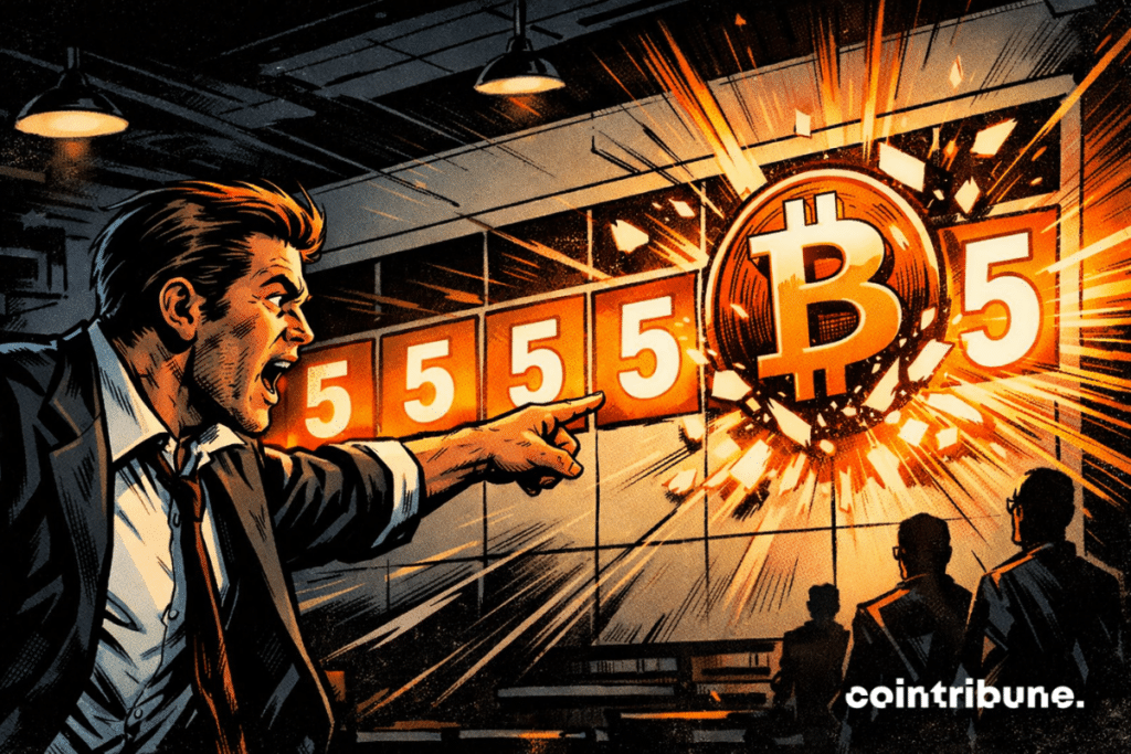 un analyste financier pointant un grand calendrier lumineux, tandis qu’un symbole Bitcoin orange jaillit