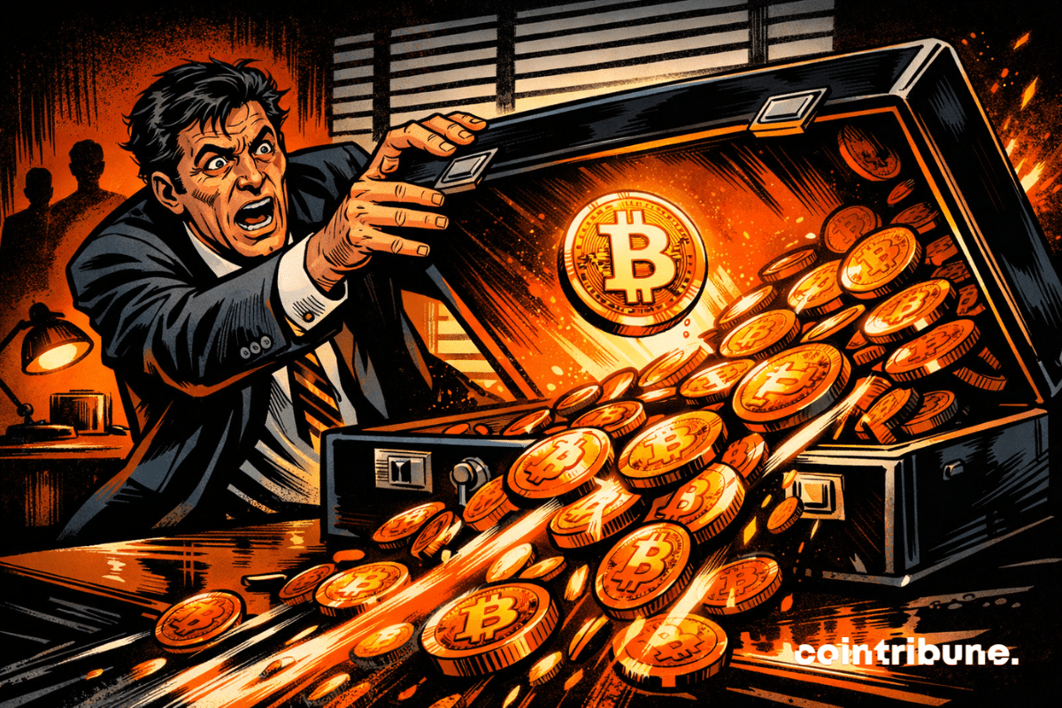 Un homme affolé tente de retenir bitcoin qui s’échappe d’une mallette.