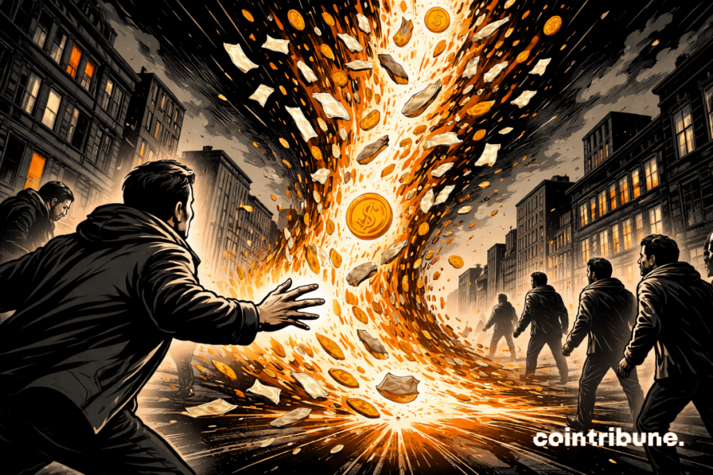 Un investisseur se penche légèrement en avant avec un bras tendu comme pour retenir quelque chose qui lui échappe. Un immense flux diagonal de pièces, documents et formes financières est aspiré vers le bas hors champ depuis un canal lumineux central. Une pièce symbolique inspirée du Bitcoin est emportée dans le courant, ce qui symbolise les sorties des ETF.