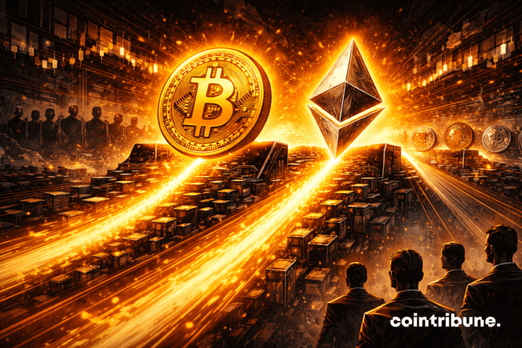 Dans une arène financière, Bitcoin et Ethereum avancent ensemble sur deux trajectoires parallèles, propres et solides, symbolisant les flux ETF. Les deux actifs sont portés par une base de liquidité dense, régulière, structurée, suggérant un choix rationnel et méthodique des investisseurs. Derrière eux ou sur des voies plus faibles, d’autres formes monétaires ou actifs abstraits apparaissent relégués au second plan.