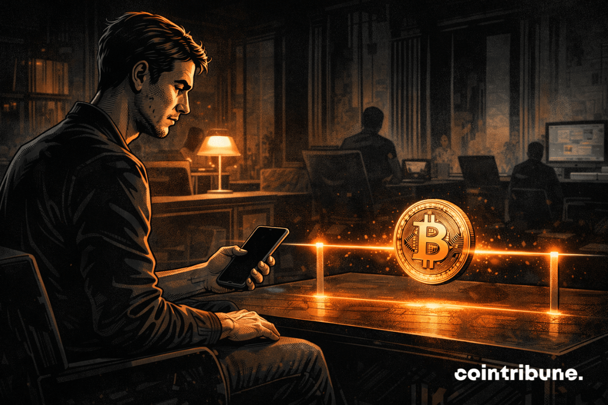 A retail investor is in a contemporary office or living room, sitting on the edge of a chair or slightly leaning toward a table. He holds a smartphone in his hand and watches the market situation with calm tension. On the table in front of him, a large stylized Bitcoin coin rests exactly between two glowing markers or abstract visual boundaries, suggesting a holding zone. Behind him or on the wall, a heavy institutional shadow is projected, evoking the macroeconomic and monetary pressure from the Fed that prevents Bitcoin from clearly breaking out of this range.