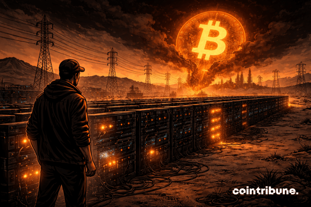 Dans une ferme de mining en plein désert, une longue rangée de rigs ou de serveurs lumineux s’éteint progressivement, tandis qu’un grand Bitcoin au-dessus perd en intensité, ce qui symbolise la faiblesse du Hashrate.
