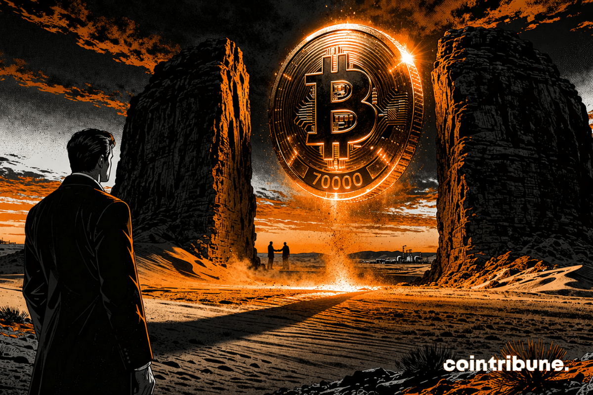 A giant Bitcoin is suspended just a few centimeters above the ground, trapped between two pylons or two rock masses, with "70000" engraved in glowing light beneath the gaze of a diplomat from Iran.