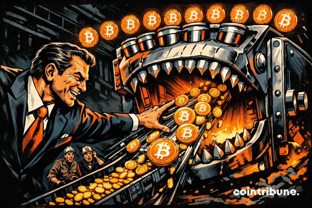 Corporate executive funneling bitcoins into a giant mechanical vault.