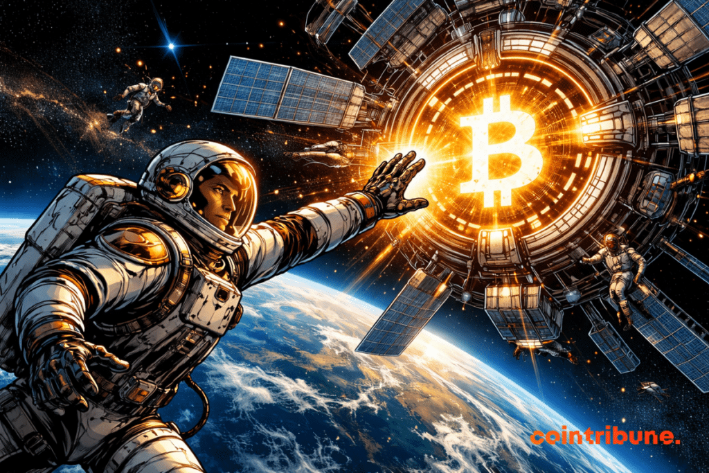 : Astronaut facing a Bitcoin space station orbiting Earth.